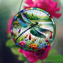 WOHAHA Dragonfly Stained Acrylic Window Hanging Panels Indoor Outdoor Round Windows Hanger Kitchen Bedroom Garden Wall Art Decor Gifts for Women Mom Grandma Teacher