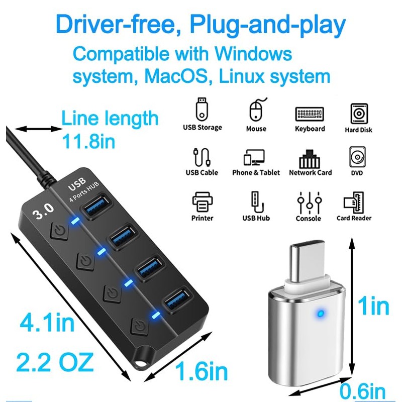 KLAQQED USB Hub 3.0, USB Splitter1 in 4 Out, USB
