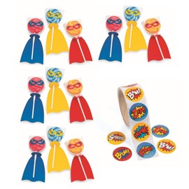 Fun Express Superhero Party Favor Bundle, 12 Superhero Lollipops, 100 Superhero Stickers, Enough for a Set of 12 Party Favors Birthday Party Pack for Treat Bags