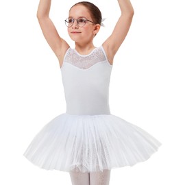 tanzmuster ® Girls' Ballet Dress Tutu – Lottie – Soft Cotton Material with Lace Front for Children’s Ballet, white, 128/134