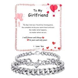 Fehki Matching Couple Cuban Chain Bracelets Gifts for Boyfriend Husband Soulmate Girlfriend Valentine's Day Anniversary Birthday Christmas Jewelry Gifts,Adjustable Size (Girlfriend, Silver+Silver)