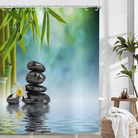 Hnmdmyi Zen Garden Shower Curtain 180x180, Spa Green Bamboo Black Stone White Flower Bathroom Curtains Japanese Meditation Relaxing Waterproof Polyester Fabric Washable Bath Curtains with Hooks