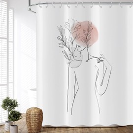 ASDCXZ Boho Style Shower Curtain, 180 x 200 cm, Modern Abstract Art, Minimalism, Girls' Body, Curve, Flower, Leaves, Washable Shower Curtains, Textile Waterproof Shower Curtain for Bathtub with 12