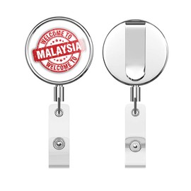 Malaysia Grunge Welcome Travel Stamp Round ID Badge Key Card Tag Holder Badge Retractable Reel Badge Holder with Belt Clip
