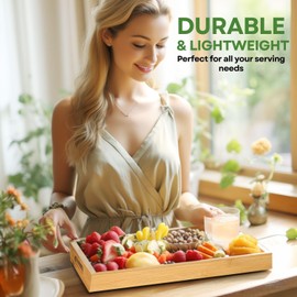 Flexzion Natural Bamboo Tray - 2 Pack Bamboo Serving Tray with Handles - Eco-Friendly Decorative Wooden Handle Food Serving Tray for Eating Breakfast Lunch Dinner