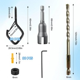 Pack of 30 Metal Screw Hooks with Fuse with Socket, Boundary Ring and Wrench for Hanging Pot Plants, Wind Chimes and Decorative Lights (Black)