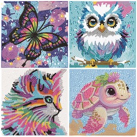 RLXMARTD 4 Pack 5D Cartoon Diamond Painting Kits for Kids, Animal Diamond Mosaic Art Kits,15X15CM Full Drill Gem Painting for Boys,Girls, Beginners,No Frame(Panda+Sea Turtle+Owl+Cow)