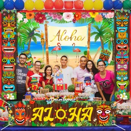 4pcs Hawaiian Aloha Luau Party Decorations Tiki Totem Door Banner Sign Porch Cover Beach Summer Wall Hanging Decor for Aloha Hawaii Luau Tropical Moana Birthday Carnival Party Outdoor Gift