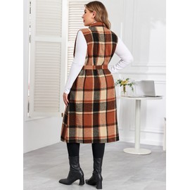 ZOMVA Plus Size Flannel Plaid Long Midi Vest with Pockets Button Down Sleeveless Shacket Coats Fall Outfits Jackets, Orange, 5X