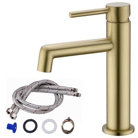TRUSTMI Brushed Gold Bathroom Faucet, Single Handle Brass Bathroom Vanity Sink Faucets Single Hole Lavatory Washbasin Faucet with Water Faucet Supply Lines, 1-Hole Deck Mount