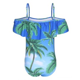 Aisyee Big Girls One Piece Swimsuits Off Shoulder Bathing Suit Hawaiian Floral Swimwear for Kids Palm Sky Off Shoulder Size 12/10-12 Years