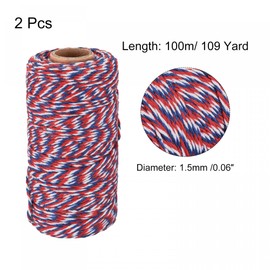 sourcing map Twine Packing String Wrapping Cotton Twine 100M/109 Yard Red Blue and White Rope for Gift Wrapping, Christmas Twine, Pack of 2