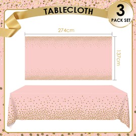 ZVK Pink Gold Party Table Covers 274x137cm Pack of 3 Disposable Tablecloth Party Tablde Decorations