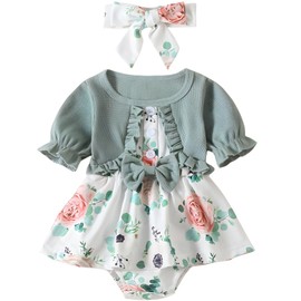Fishlead Mameluco de Princesa para Bebé Recién Nacido, Vestido Floreado, Ropa de Verano para Bebé, con Diadema, Cumpleaños y Regalos de Fiestas (70CM-Verde)