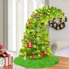 Mini Green Christmas Tree Skirt, 15 inch Fluffy Small Green Christmas Decorations Tree Ornaments for Tabletop Tree, Furry Tree Rug for Fall Winter Holiday Xmas Decor