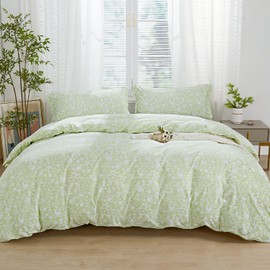 SAPHREAS Green Botanical Plants Duvet Cover 3pcs Soft Microfiber Full Size White Floral Animal Printed Pattern Green Comforter Set with Zipper Ties 1 Duvet Cover 2 Pillow Shams