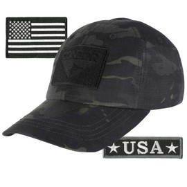 Gadsden and Culpeper Fitted Tactical Cap Bundle (USA Morale & USA Flag Patches) - Multicam-Black - L/XL