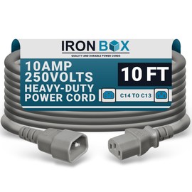 IronBox Electric C14 to C13 Power Cord - 10A/250V, 18/3 AWG SJT - UL Listed IEC Cable & Jumper Cords - Heavy Duty Power Extension Cord for Desktop Computer, Monitor, Projector, PDU & More (10ft, Gray)