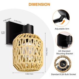 Rattan Battery Operated Wall Sconces Set of Two with Remote, RGB 12 Colors Dimmable Rechargeable Boho Lights, Indoor Wireless Rustic Wall Lamp with 3 Timer, Farmhouse Rattan Wall Lighting for Bedroom