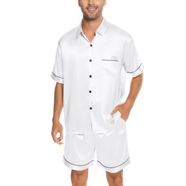 SWOMOG Men Silk Satin Pajamas Set Button Down Sleepwear Short Sleeve Pjs Set Soft 2 Piece Lounge Set Nightwear with Pockets White Large