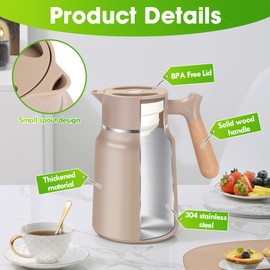 Thermal Coffee Carafe, 50oz Stainless Steel Insulated Carafe, Double Wall Vacuum Thermos, for Hot Liquids with Wooden Handle, for Iced/Hot Drinks, Black Tea Khaki