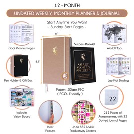 Hourly Planner - Undated Weekly & Monthly Life Planner, 12 Month Journey to Increase Productivity & Happiness, Gratitude Journal, Financial Planner, Self Care Journal for Women - Vertical Layout