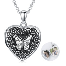 AOBOCO Heart Locket Necklace That Holds Pictures Sterling Silver Flower Lockets Jewelry for Women - Always in My Heart (Cherry blossoms-Butterfly)