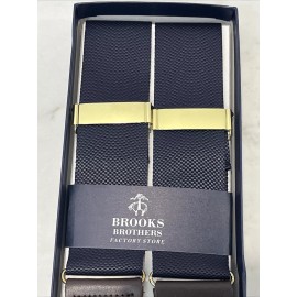 BROOKS BROTHERS Factory NEW Navy Blue Brown Leather Suspenders Braces Gold Tone