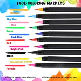 Food Coloring Marker Pens, 10Pcs Food Grade Edible Markers Food Writers for Decorating Fondant, Cakes, Cookies, Easter Eggs Painting Drawing Writing - Flexible Brush Tip, 10 Colors