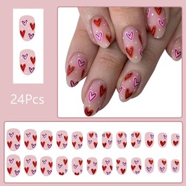 24 Pcs Pink Valentine’s Day Press on Nails Almond Short Fake Nails Colorful Heart False Nails & Accessories Matte Full Cover Artificial Nails Valentines Glue on Nails Reusable Stick on Nails for Women