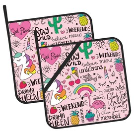 Pink Flamingo Unicorn Pot Holders Set of 2 Heat Resistant & Non Slip Potholders, Cute Drawing Oven Hot Pads for Kitchen Cooking Baking Barbecue