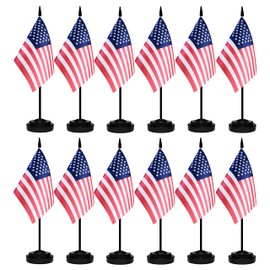 12 Pack USA Desk Flags Set, American US Small Mini Table Office Flags with 12" Solid Black Pole, 8.2 x 5.5 Inches, Home and Office Decoration, Festival Celebrations