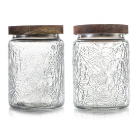 ANSQU Set of 2 Vintage Glass Jars, 23.7 FL OZ Glass Food Storage Containers with Airtight Wooden Lids Decoratice Mason Jar for Kitchen Counters Pantry, Candy, Cookie, Coffee Beans, Tea