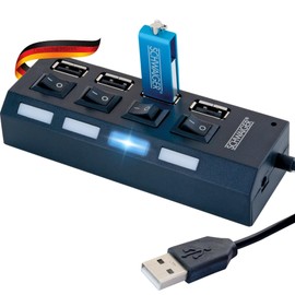 SCHWAIGER UH4 013 USB Hub USB Splitter Strip 4-Way USB 2.0A High Speed 480 Mbit/s Power Strip LED Display Individually Switchable