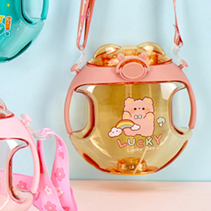 450ml Kids Water Cup with Handle and Lanyard Plastic Straw