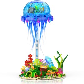 Brihappen Jellyfish Building Set with LED Lights, Floating Jellyfish Lamp for Home Decor, Ocean Animal Collection Model with Coral & Seaweed, Creative Display Gift for Adults, Teens 14+