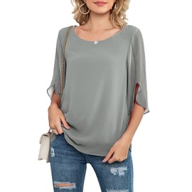 Neineiwu Women's Chiffon Tunic Casual Round Collar 3/4 Sleeve Blouse Mesh Flowing Shirts Loose Fit Tops, gray