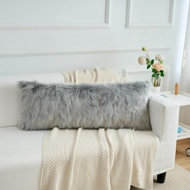 LIGICKY Long Lumbar Pillow Cover 14x36inch Decorative Grey Soft Faux Fur Throw Pillow Cover Fluffy Rectangle Plush Pillow Case Cushion Cover for Couch Sofa Bed(Cover Only, No Inset) Pack of 1