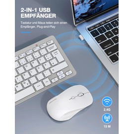 TECKNET Kabelloses Tastatur Maus Set, Deutsch QWERTZ Layout, 2.4 GHz Funk Mini Tastatur Mouse, 15m Reichweite Verbindung, Wireless Leise Funktastatur mit Maus für PC, Laptop, Smart TV, Silber