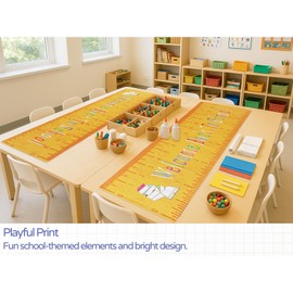 PurpleEssences Back to School Table Runner – 13x72 Inch 100% Cotton Decor for Classroom, Home, Party & First Day Celebrations - Colorful Designs (13 x 72 Inch, Book and Scale)