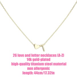Mikovivi Women's Gold Heart-Shaped Letter Necklace, Gold-Plated Heart-Shaped Letter Necklace Gold Heart Initial Necklace Birthday Gift Valentine's Day Present for Women Girls (T)