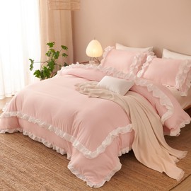 Jolusere Ruffle Comforter Set Queen Pink 3 Pieces Shabby Chic Bedding Set