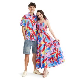 PATPAT Couples Matching Summer Outfits - His and Hers Matching Sets Beach Vacation Hawaiian Dress Sundress Tropical Print Women Spaghetti Strap Dress Multi Flower Women M