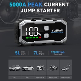 Jump Starter, 5000A 12V Car Battery Booster, Portable Battery Pack (7.0 Gas/5.0L Diesel), Portable Jump Starter with Extended Smart Jump Cables, 3-Mode Lights