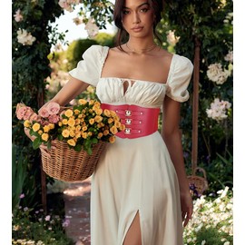 Wovanoo Women Stretchy Belt for Dresses Vintage Elastic Wide Waist Belt PU Leather Corset Cinch Belt Red 65cm