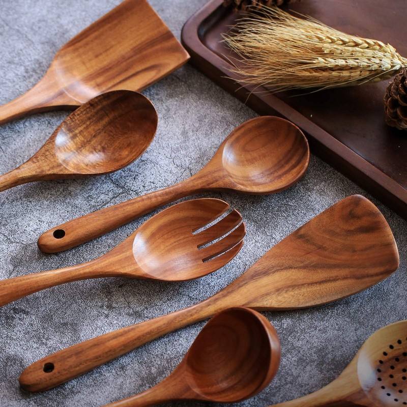 Wooden Non-Stick Kitchen Pan Toolset 7 Pieces Set,100% Natural Teak