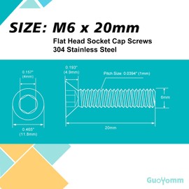 GuoYomm M6-1.0 x 20mm 30PCS Flat Head Hex Socket Cap Screws, Countersunk Bolts, Stainless Steel 304, Metric Allen Drive, Fully Threaded, Bright Finish