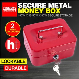 Handy Hardware Secure Metal Money Box, Durable and Sturdy Construction, Ideal for Storing Cash, Jewelry, and Other Small Valuables - Red