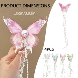BSITSSS 4 PCS Butterfly Hair Clips, Fairy Hair Accessories with Tassels, Non Slip Sparkly Pearl Butterfly Clips for Hair Women Girls Straight Wavy Curly Thick Thin Hair