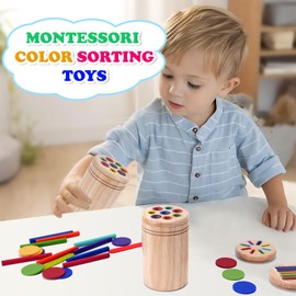 puiaxod Montessori Toy from 1 Year, 3-in-1 Colourful Montessori Wooden Toy, Baby Toddler Sensory Toy, Colour Sorting Game, Motor Skills Toy from 1 2 3 Years, with Sticks, Coins and Puzzle